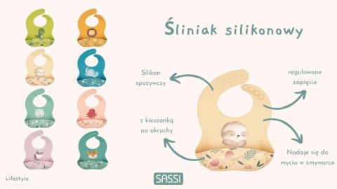 Śliniak silikonowy z kieszonką Lew SASSI