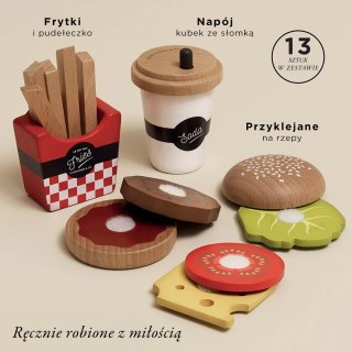 Drewniany zestaw 3w1 hamburger frytki napój, zabawka dla dzieci, Le Toy Van
