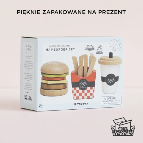 Drewniany zestaw 3w1 – hamburger, frytki, napój