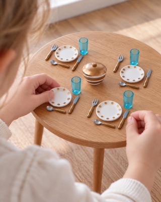 Lundby — biało-złota zastawa obiadowa do domku dla lalek